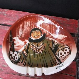 Vintage MCM SASCHA BRASTOFF Hand Painted Ceramic Ashtray Inuit Eskimo Art